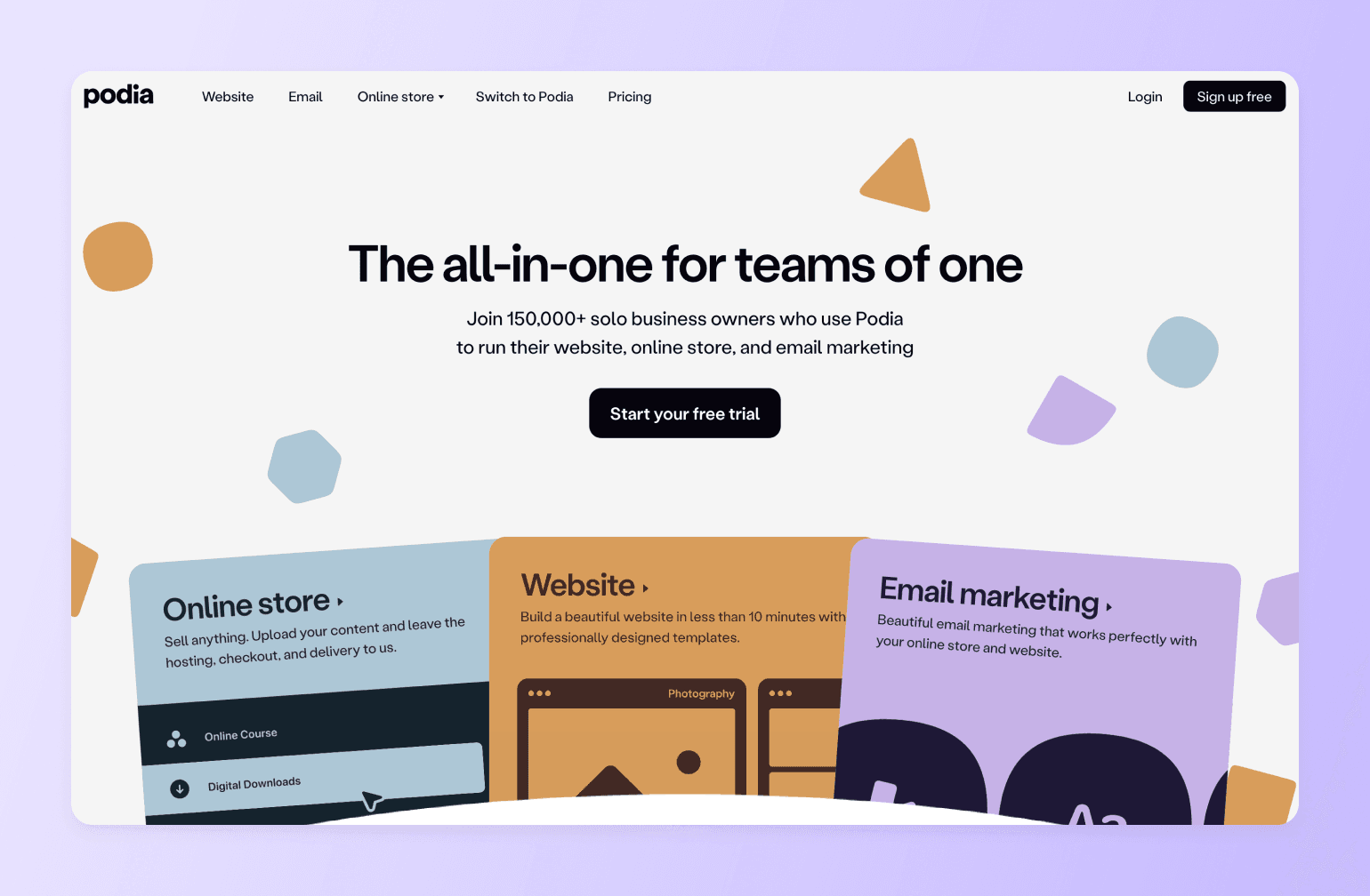 Podia homepage showcasing all-in-one platform for solo business owners with online store, website, and email marketing features