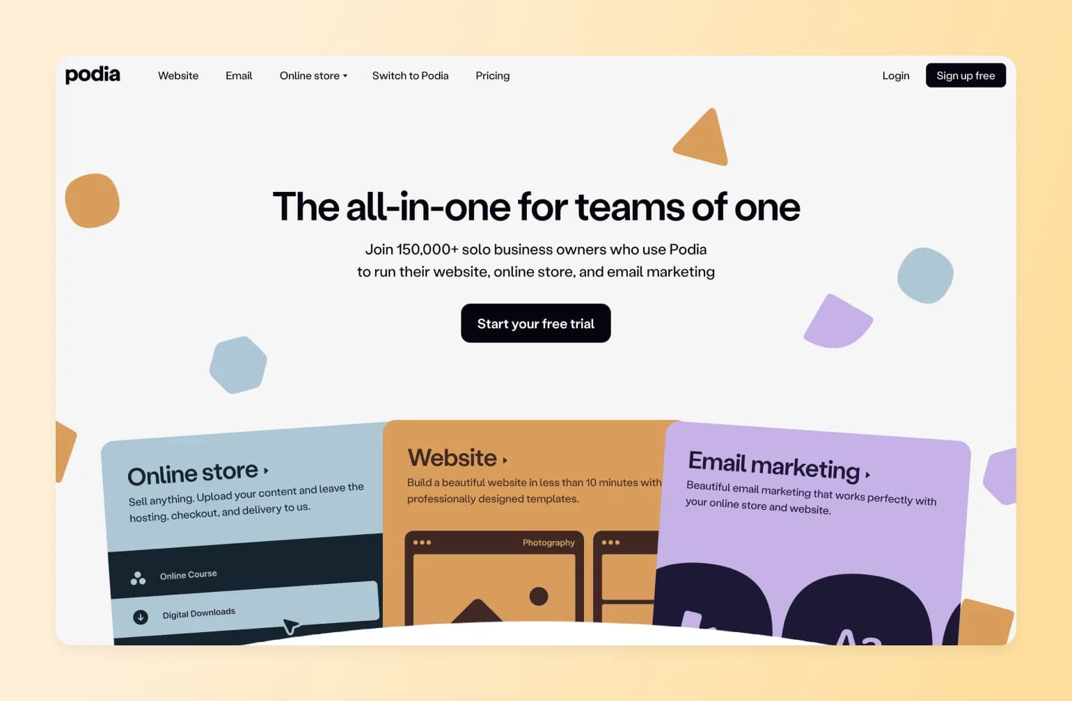 Podia homepage featuring three service sections: online store, website builder, and email marketing tools for solo entrepreneurs