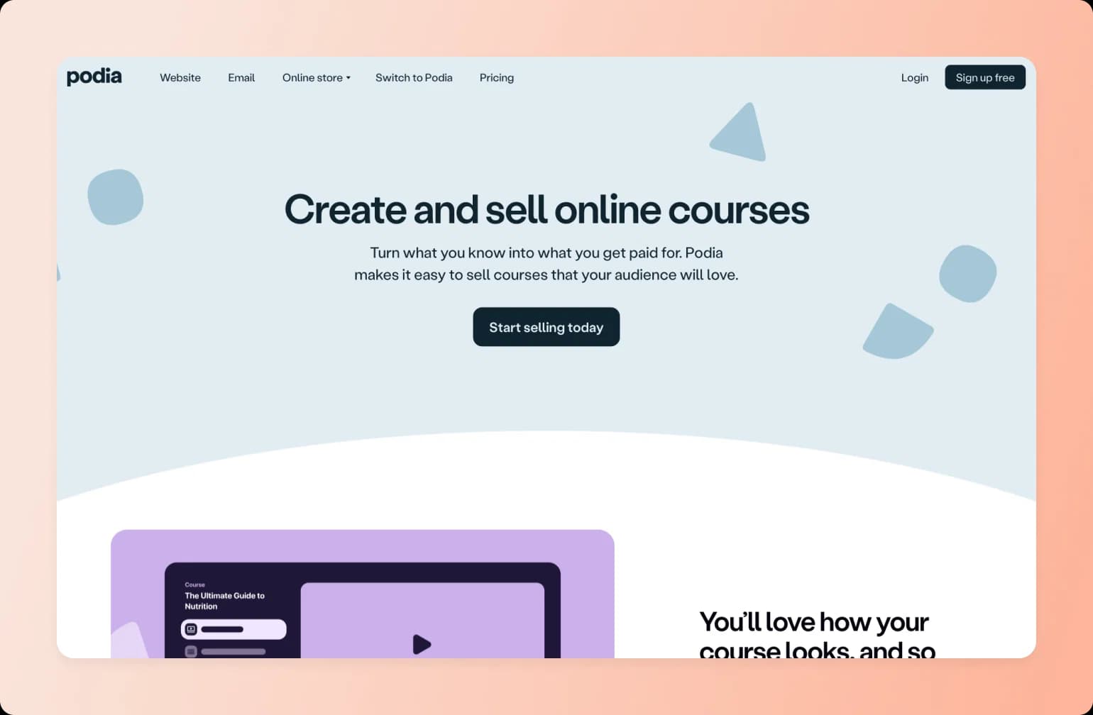 Podia website homepage featuring headline "Create and sell online courses" with navigation menu and Start selling today button