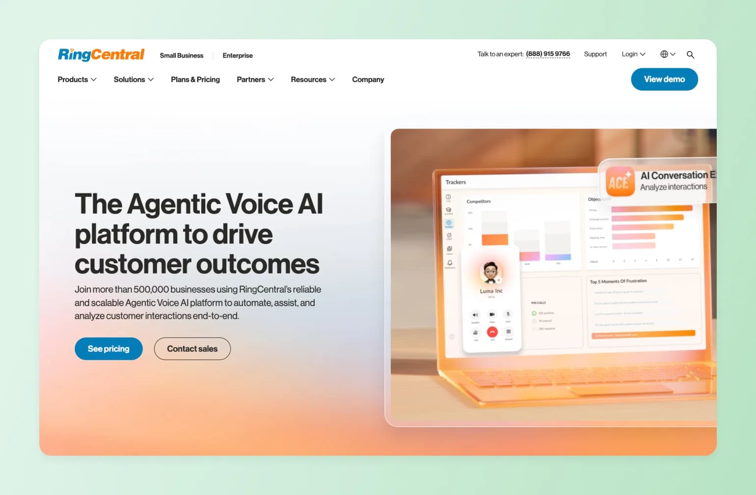 RingCentral AI platform dashboard displaying conversation analytics, tracker metrics with colorful bar charts, and avatar interface on laptop screen