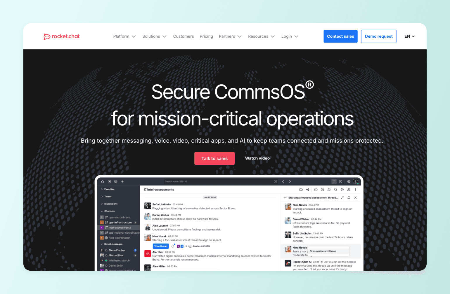 Rocket.chat secure communications platform showing threaded messaging interface with security alerts and team collaboration features