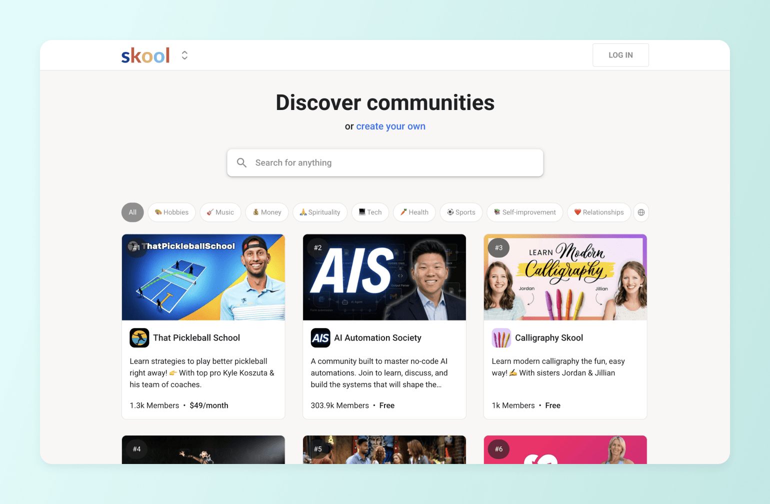 Skool platform showing community discovery page with featured groups for pickleball, AI automation, and calligraphy learning