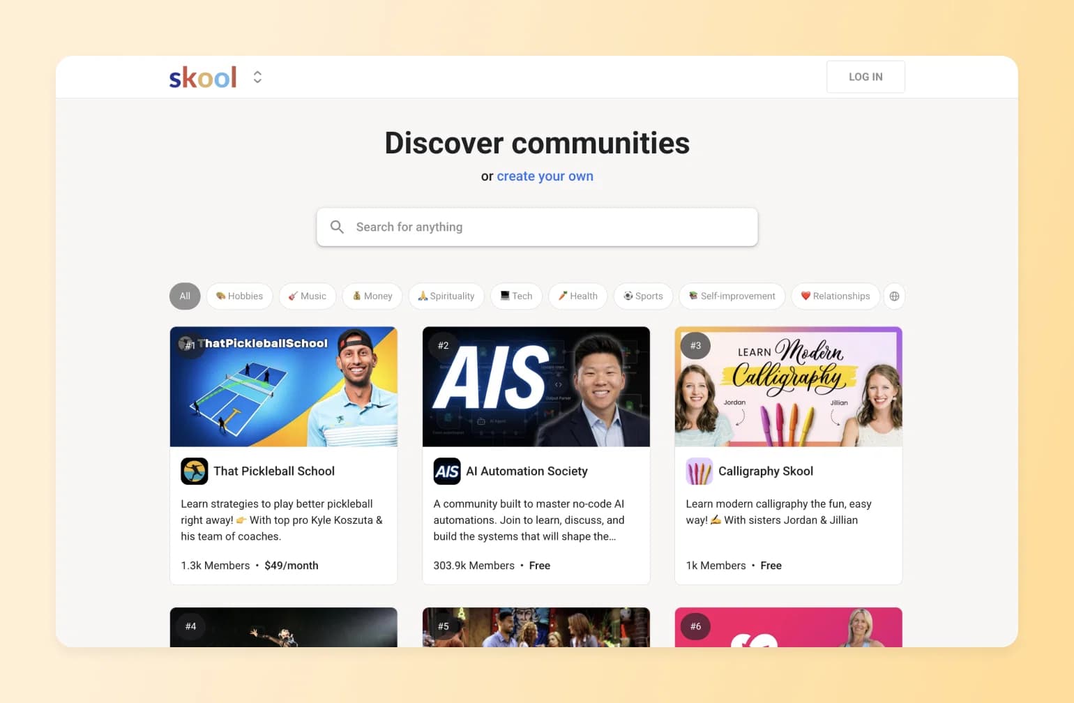 Skool platform homepage showing community discovery page with search bar and featured groups including pickleball, AI automation, and calligraphy