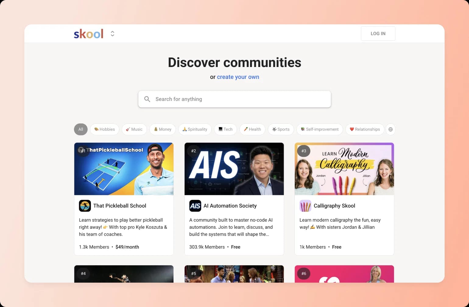 Skool platform homepage showing community discovery interface with featured groups including That Pickleball School, AI Automation Society, and Calligraphy Skool