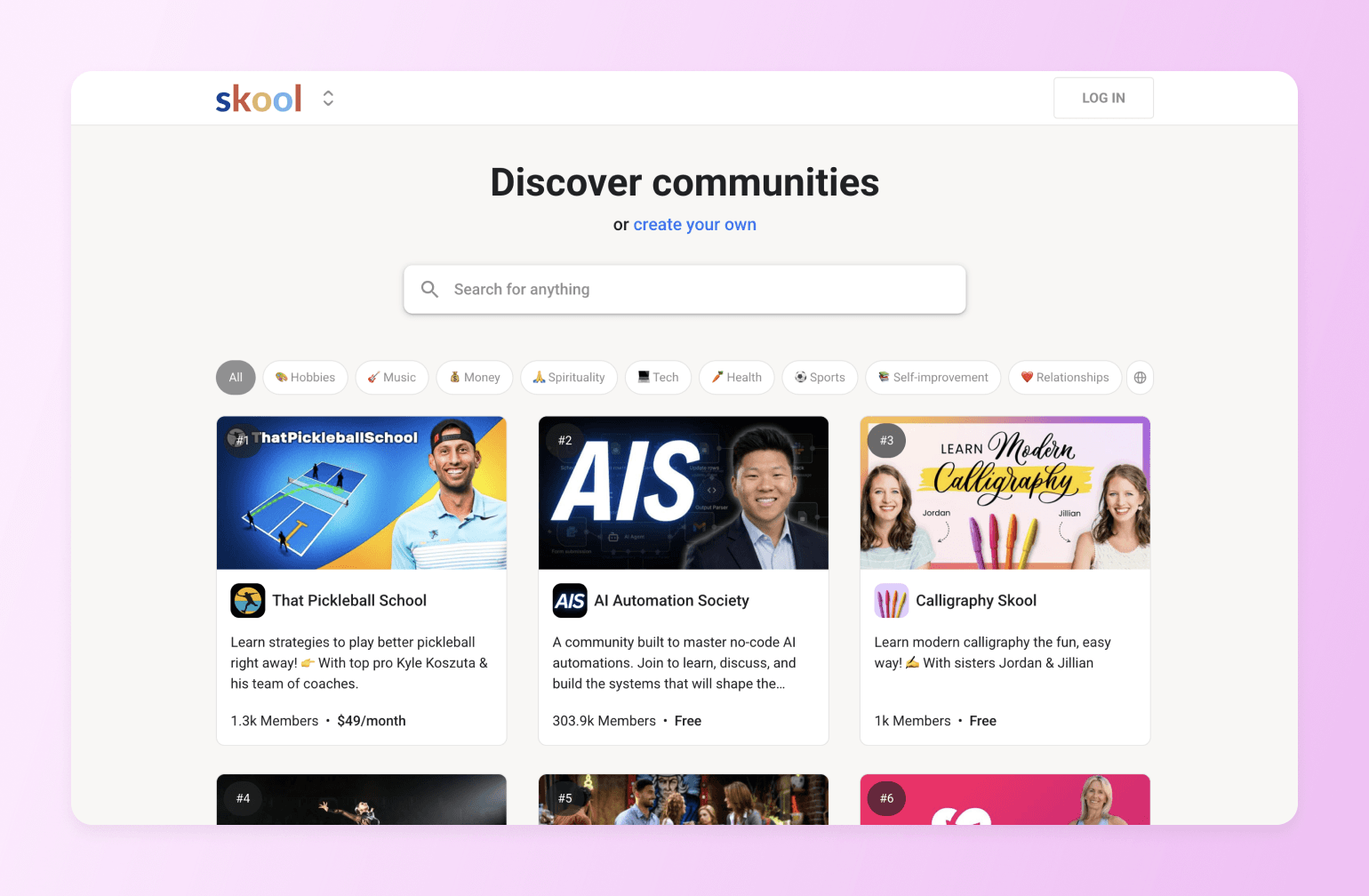 Skool platform homepage displaying community discovery grid with featured groups including That Pickleball School, AI Automation Society, and Calligraphy Skool