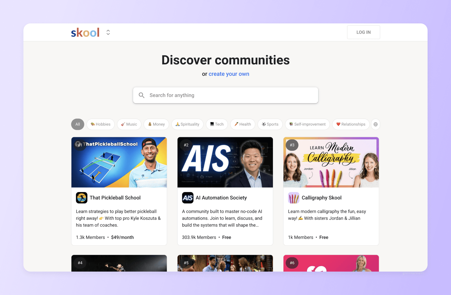 Skool platform homepage showing community discovery page with featured groups including That Pickleball School, AI Automation Society, and Calligraphy Skool
