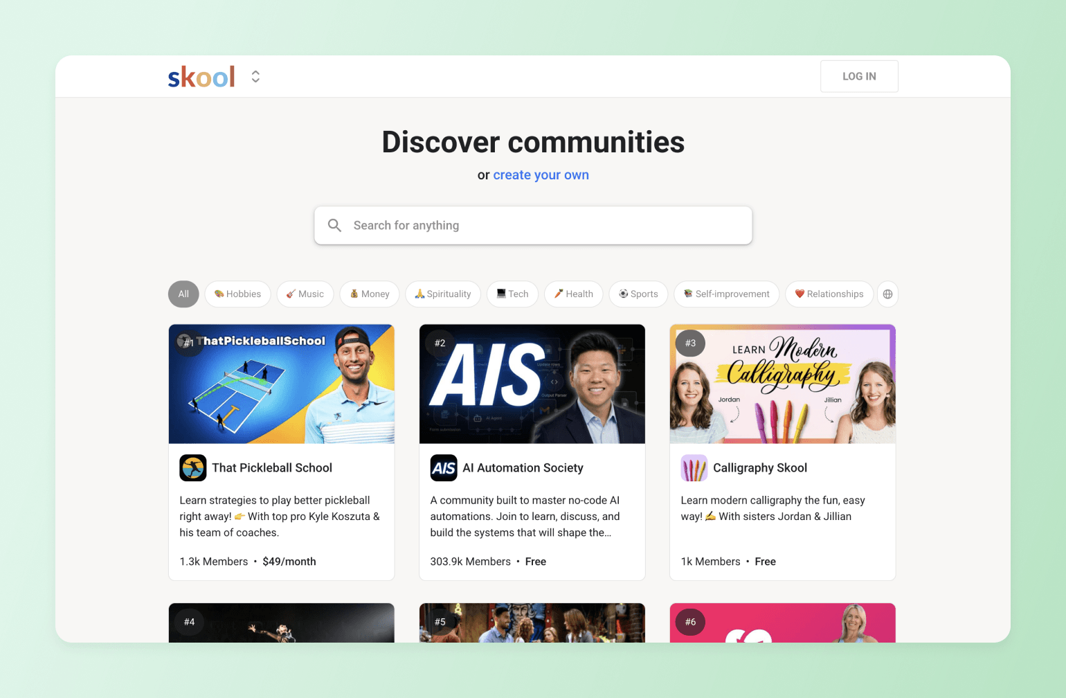 Skool community discovery page showing featured communities including That Pickleball School, AI Automation Society, and Calligraphy Skool