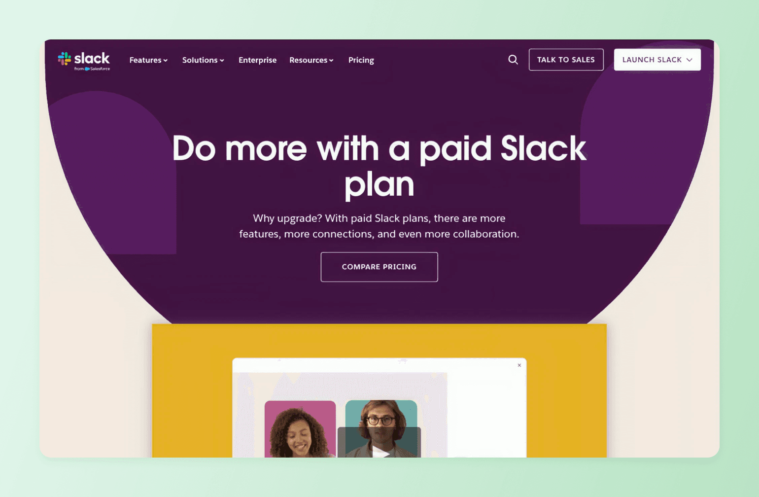 Slack pricing page hero section with purple background promoting paid plans and upgrade benefits with compare pricing button