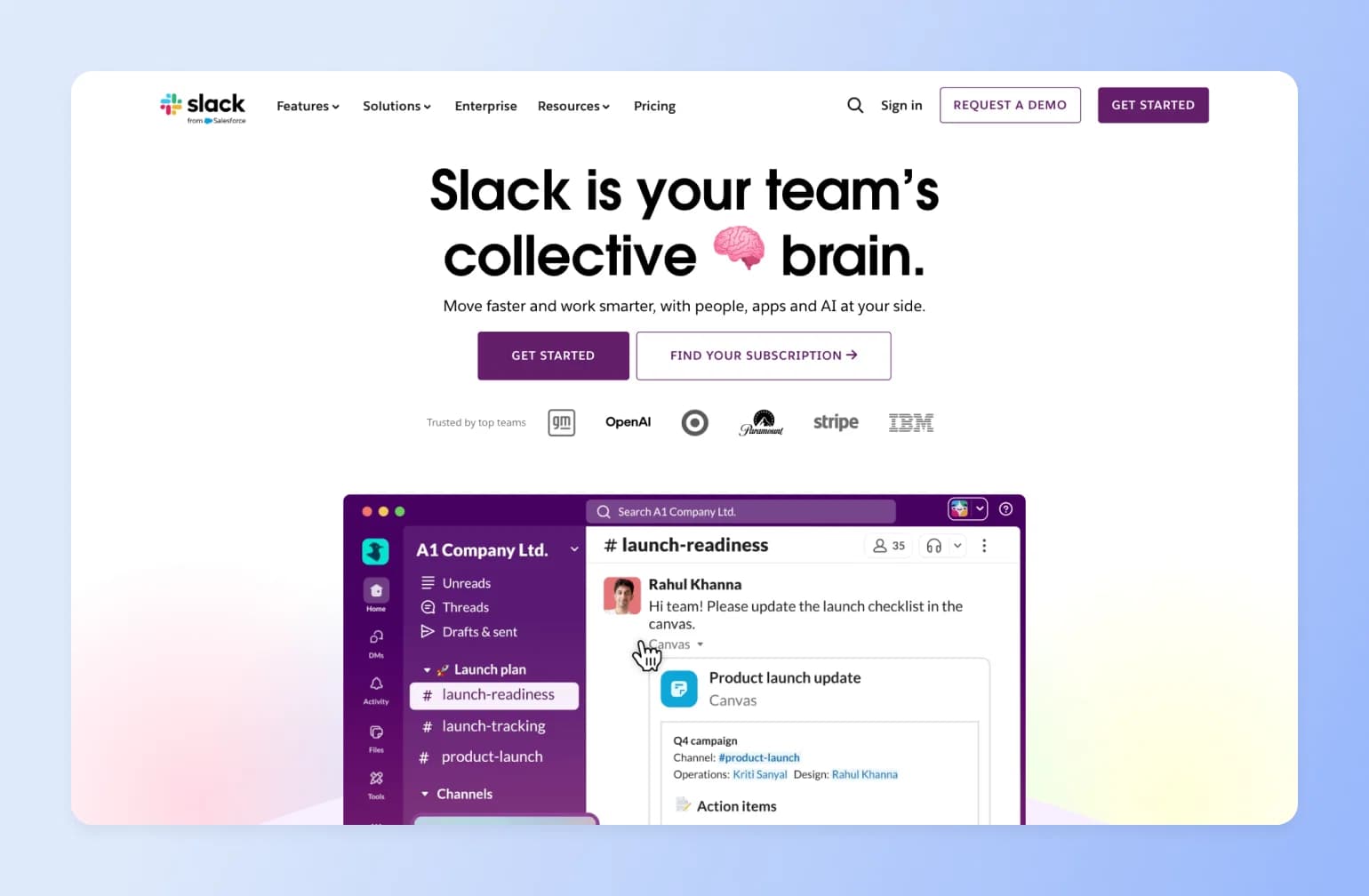 Slack homepage featuring headline with pink brain emoji, navigation menu, and interface preview showing launch-readiness channel with product launch update canvas