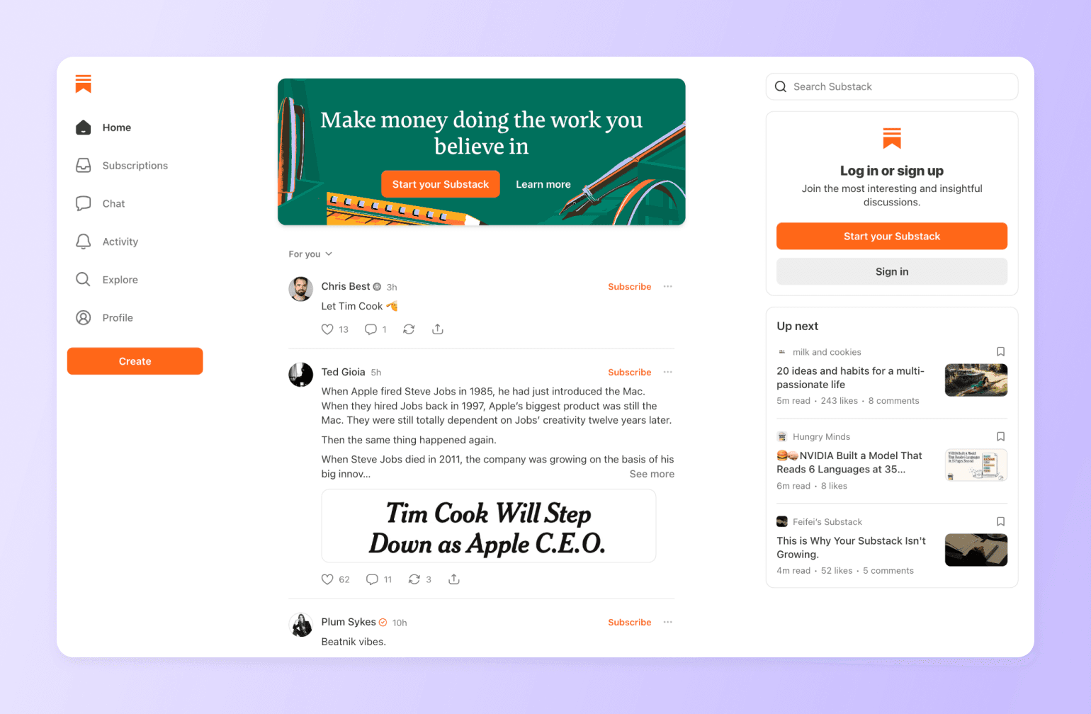 Substack home feed showing posts, including headline "Tim Cook Will Step Down as Apple C.E.O." with navigation sidebar and sign-up prompt