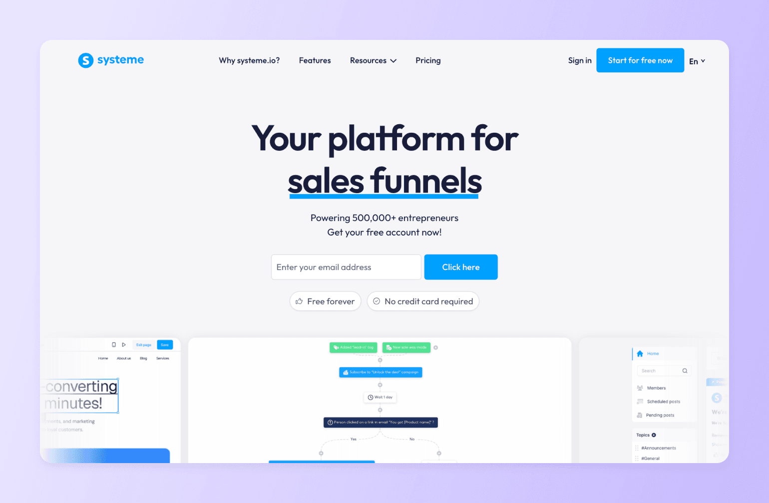 Sales funnel platform homepage with headline, email signup form, and preview screenshots of funnel builder interface