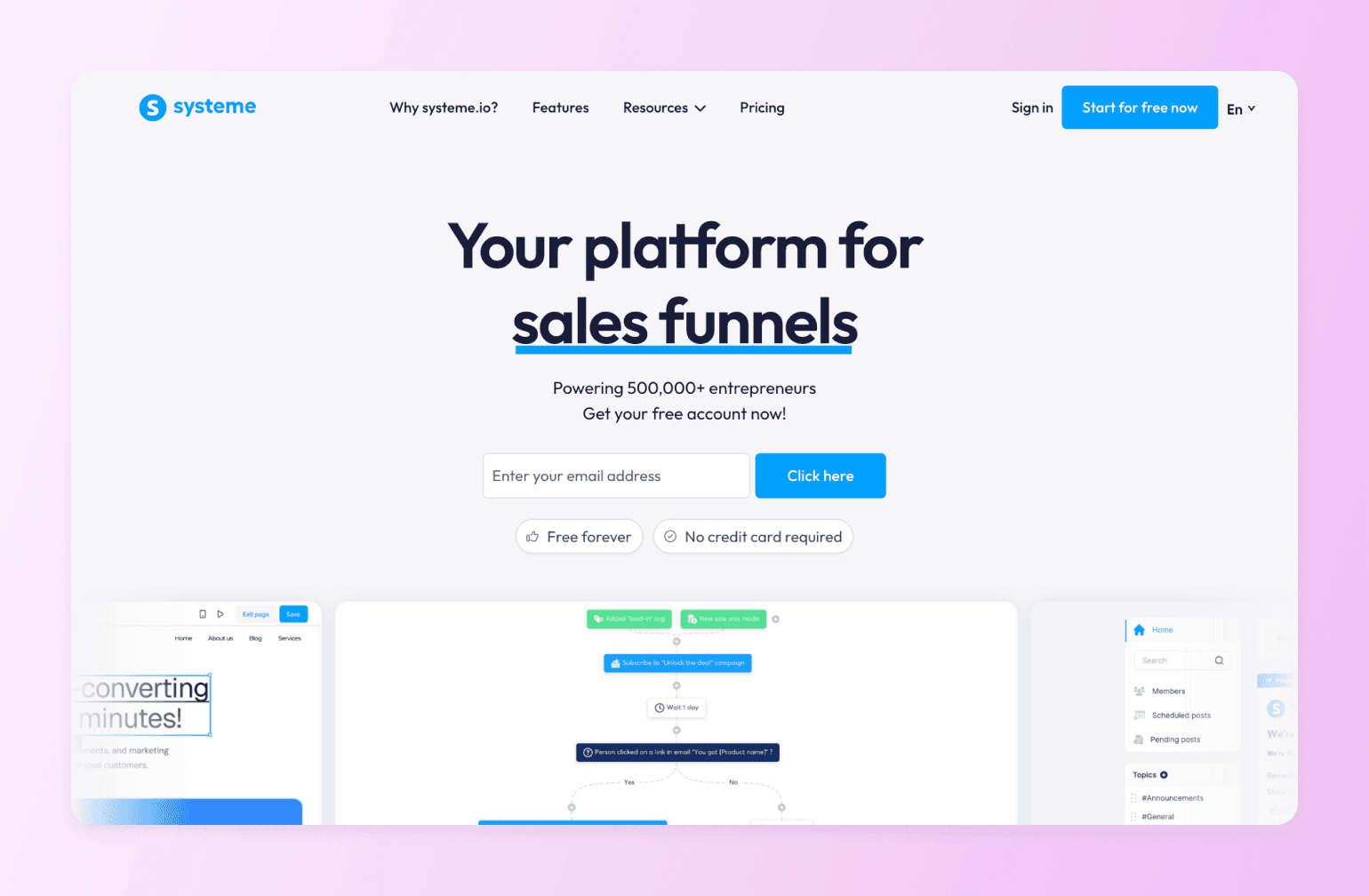 systeme.io sales funnel platform homepage with email signup form and product interface previews on gradient background