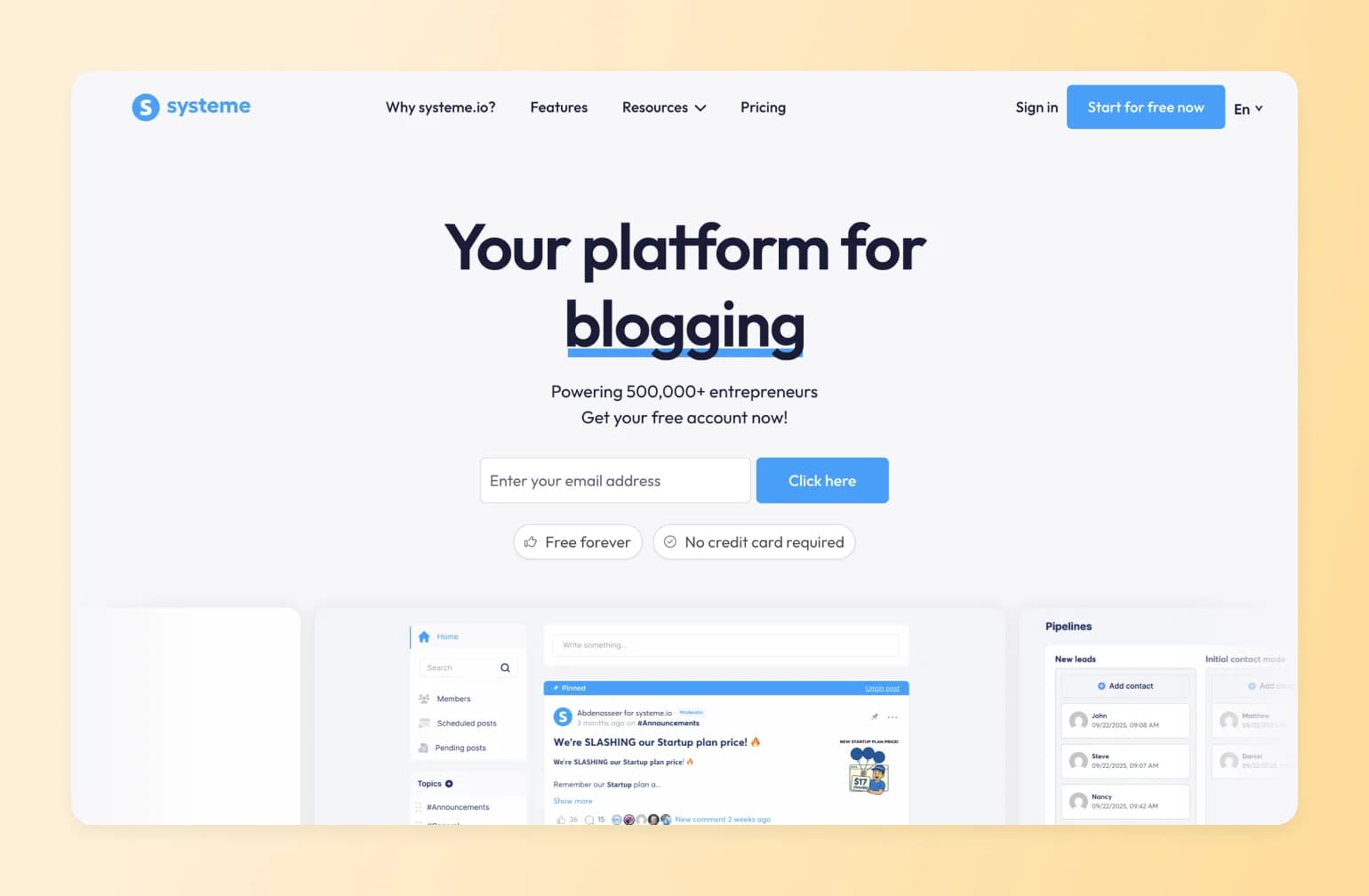 Systeme.io blogging platform homepage with email signup form, navigation menu, and dashboard preview showing post management interface