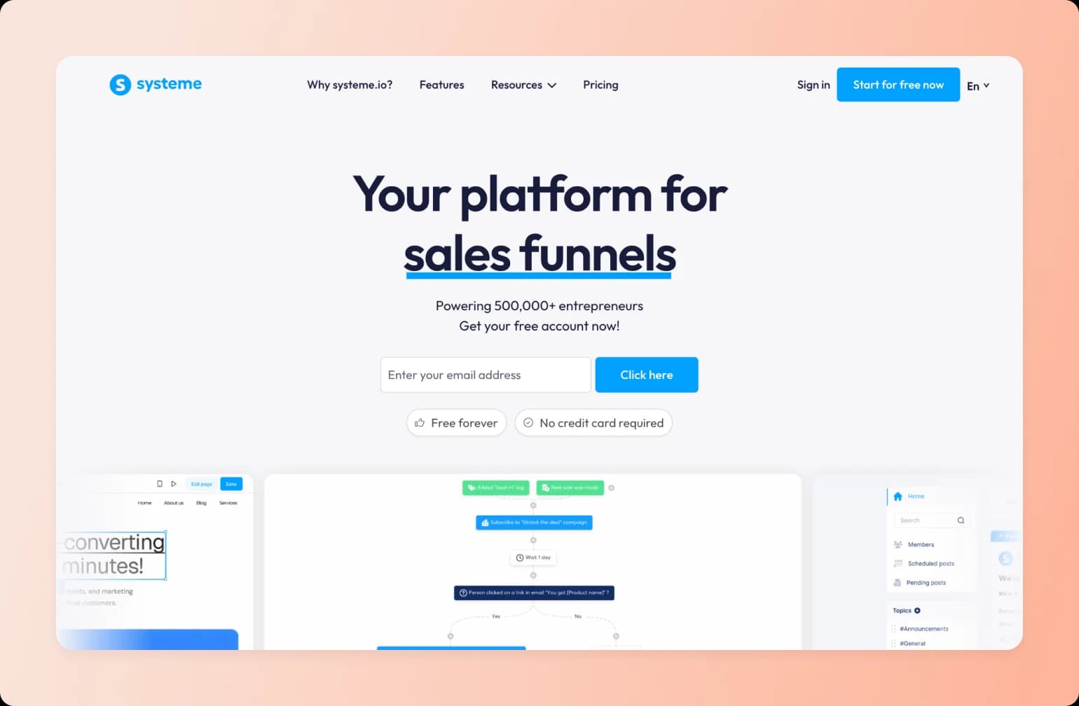 Sales funnel platform landing page with headline, email signup form, and platform interface previews at bottom