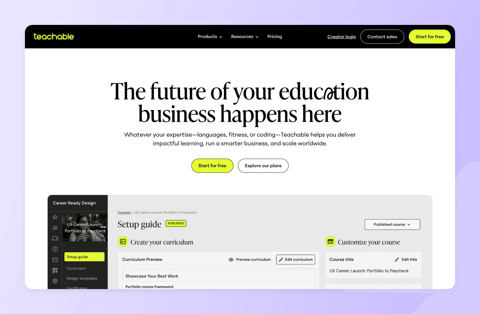 Teachable platform homepage featuring headline "The future of your education business happens here" and course creation dashboard preview
