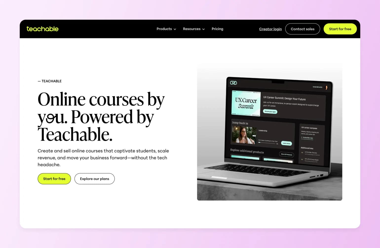 Laptop displaying Teachable course creation platform with UX Career Summit course preview and video content sections