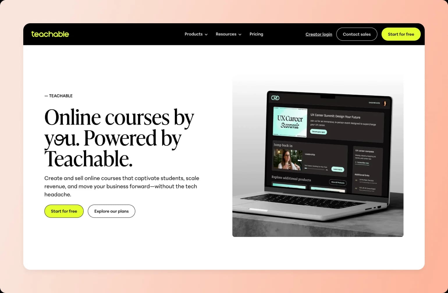 Laptop displaying Teachable course platform dashboard featuring UX Career Summit event and video content sections