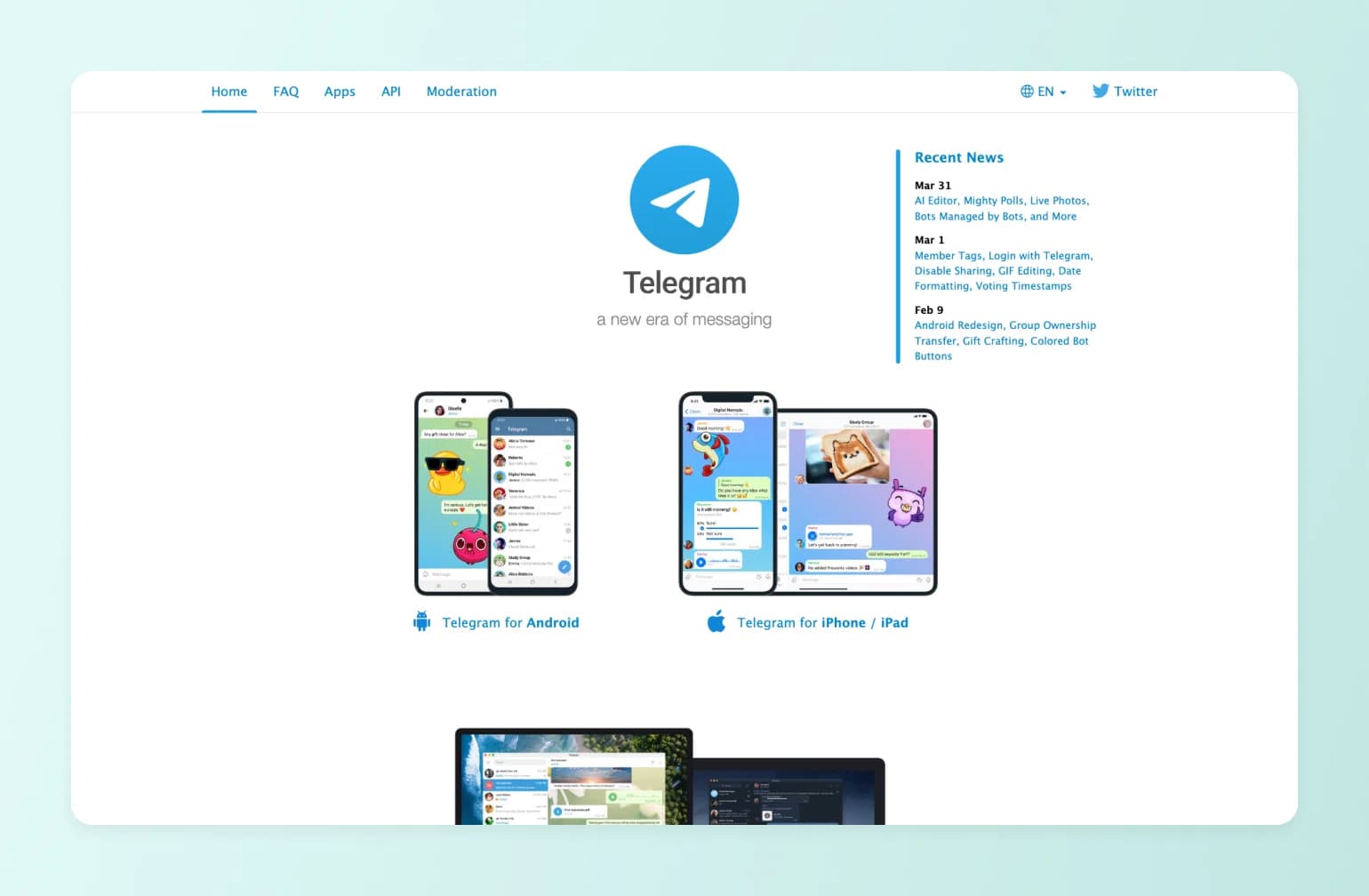 Telegram homepage showing blue paper plane logo, tagline "a new era of messaging," with mobile app screenshots for Android and iPhone/iPad devices below, and recent news sidebar on right