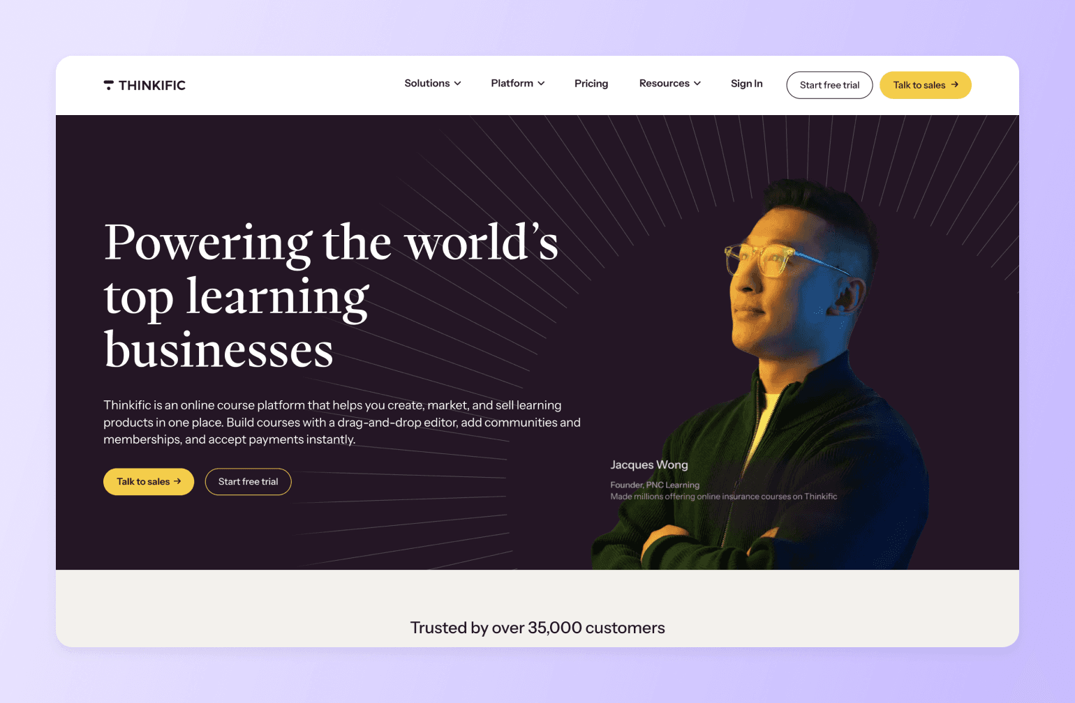 Thinkific online course platform homepage featuring Jacques Wong, Founder of PNC Learning, wearing yellow glasses against dark background with radiating lines