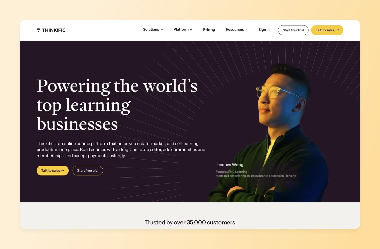 Thinkific homepage showing Jacques Wong, Founder of PNC Learning, with headline "Powering the world's top learning businesses