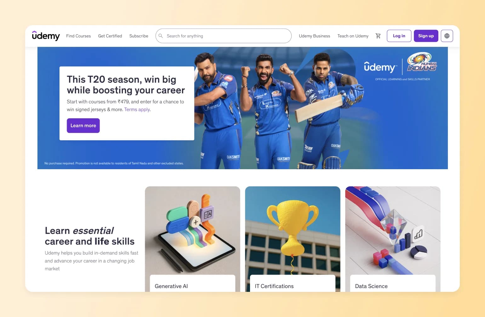 Udemy homepage featuring Mumbai Indians cricket players promotion and course categories including Generative AI, IT Certifications, and Data Science