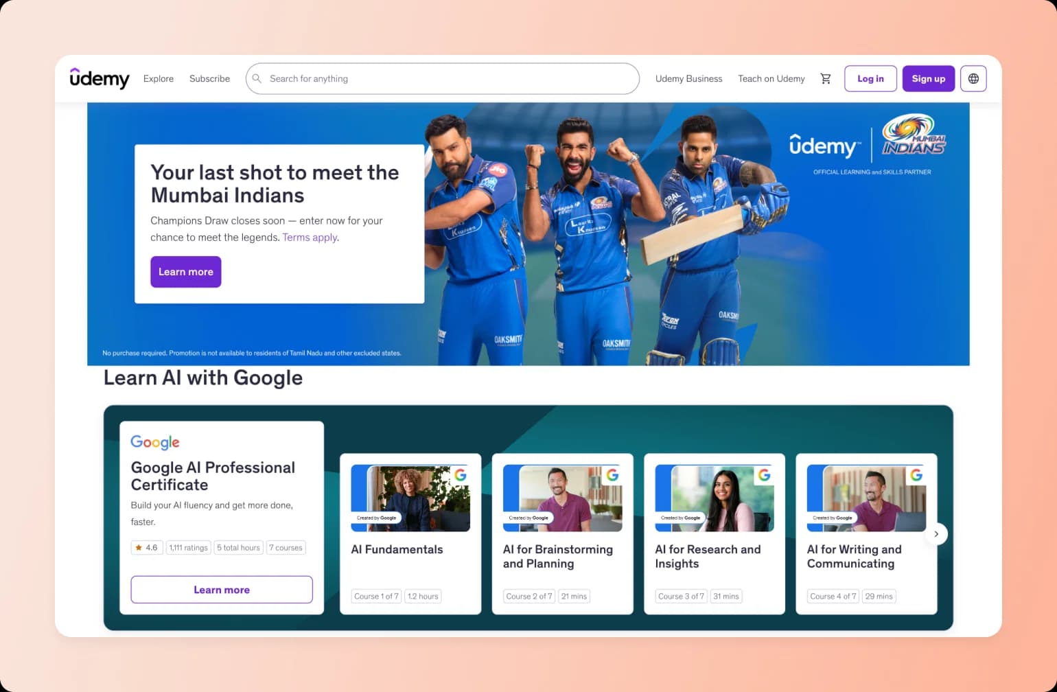 Udemy homepage featuring Mumbai Indians cricket promotion and Google AI Professional Certificate courses including fundamentals, brainstorming, research, and writing modules