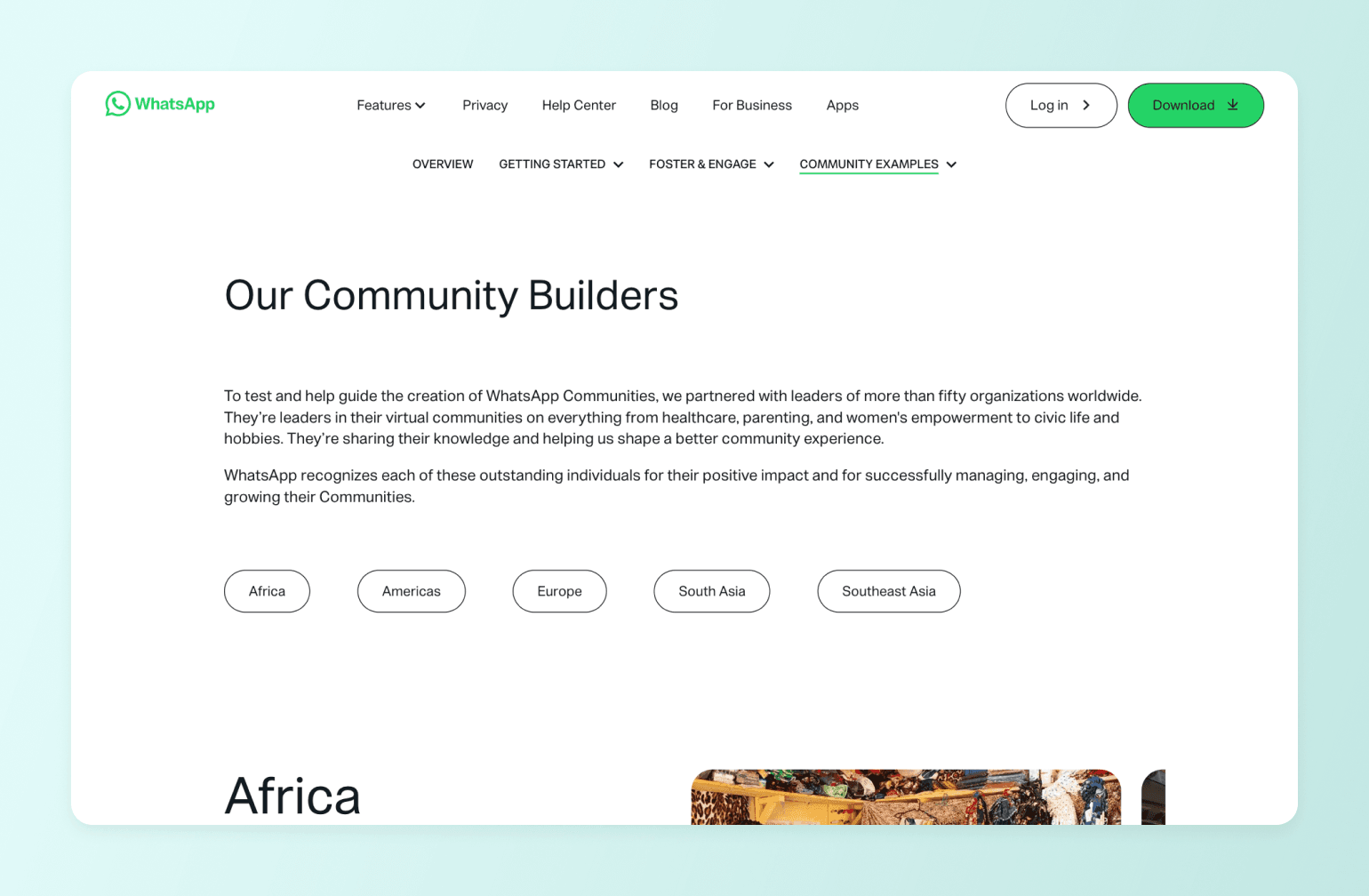 WhatsApp Community Builders page featuring navigation menu and regional filter buttons for Africa, Americas, Europe, South Asia, and Southeast Asia