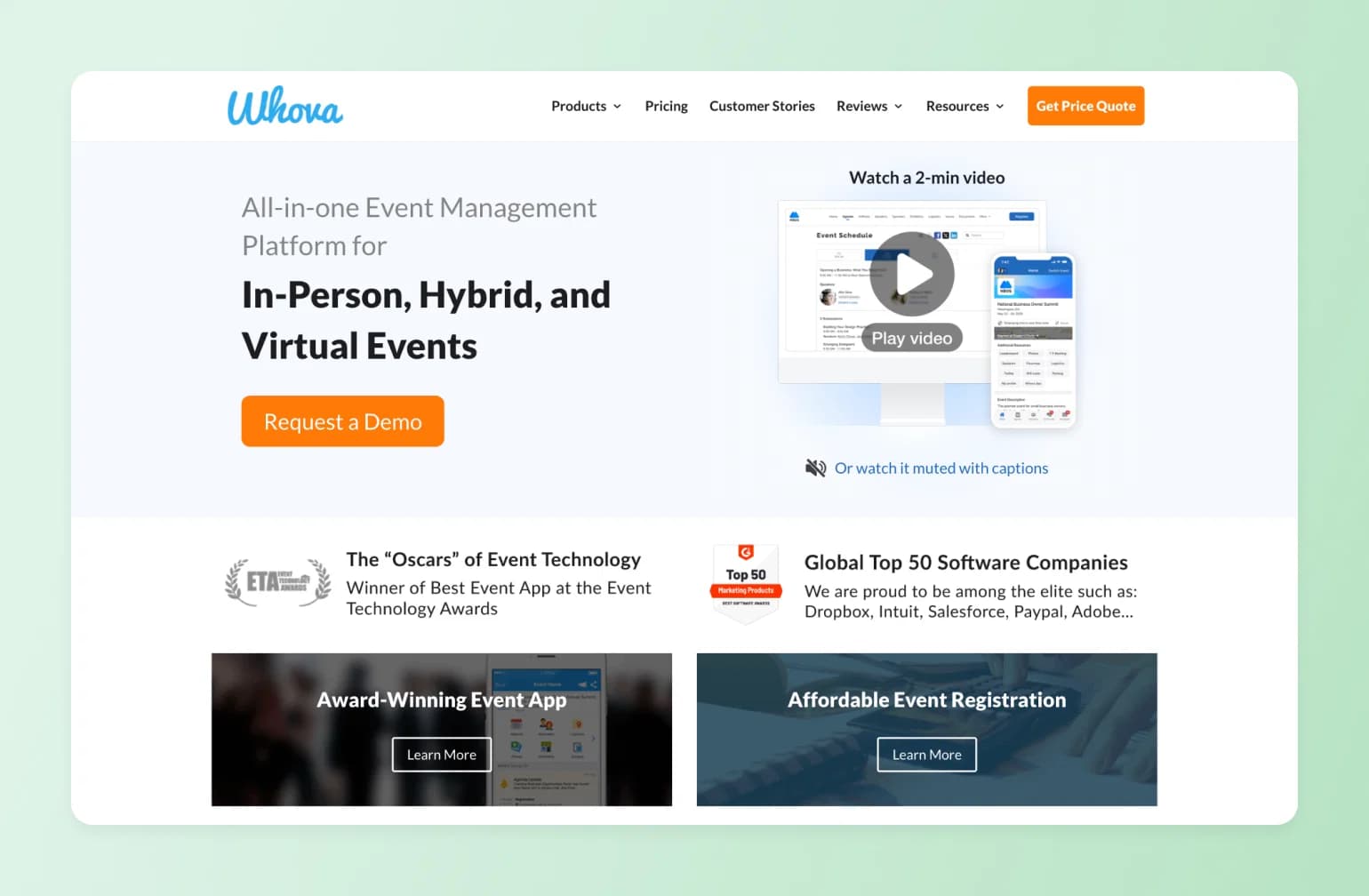 Whova event management platform homepage featuring in-person, hybrid, and virtual events with demo video and award badges